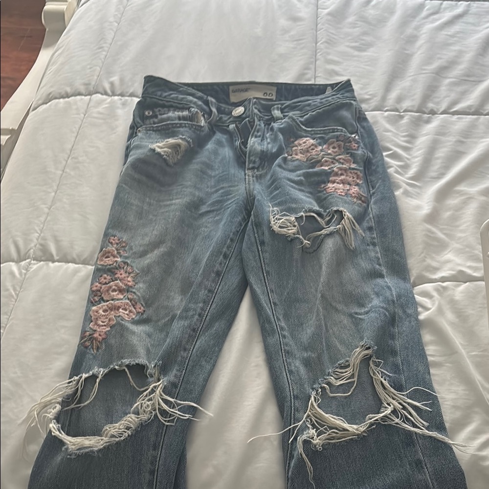Women's Distressed Blue Jeans with Pink Embroidery